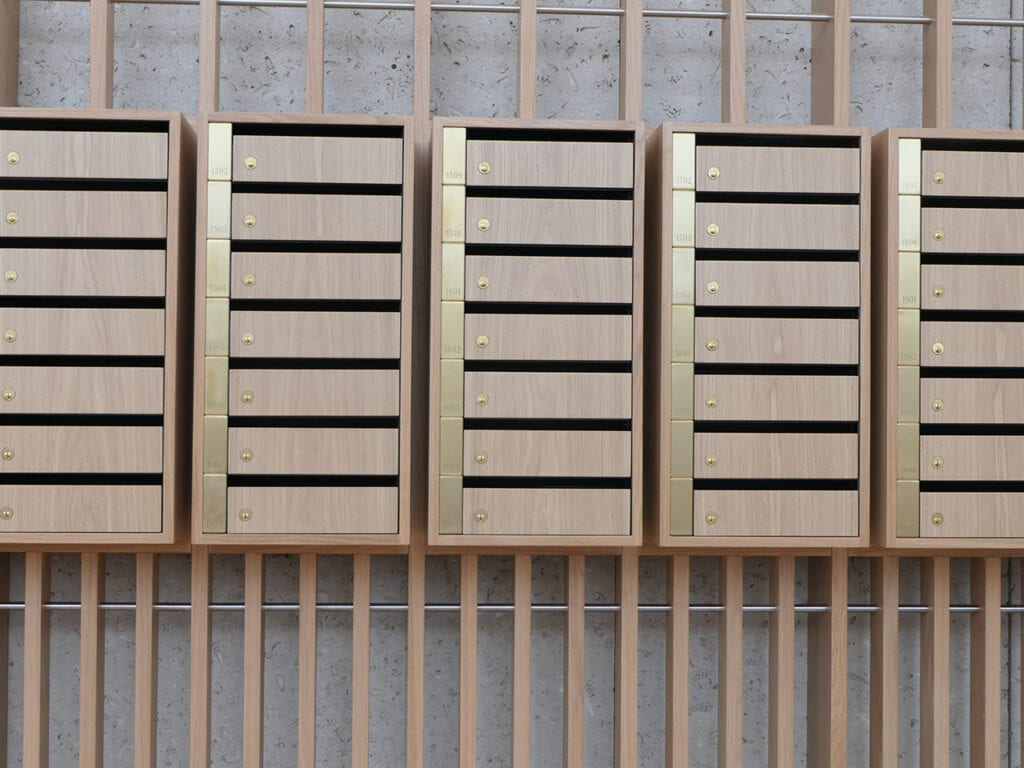 close up of the shard place mailboxes