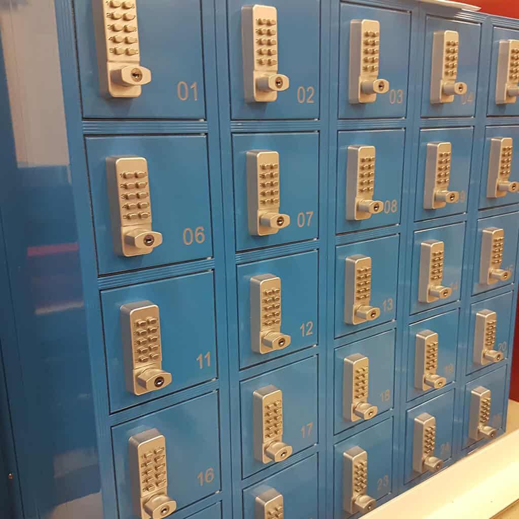 Blue post boxes with digital locking