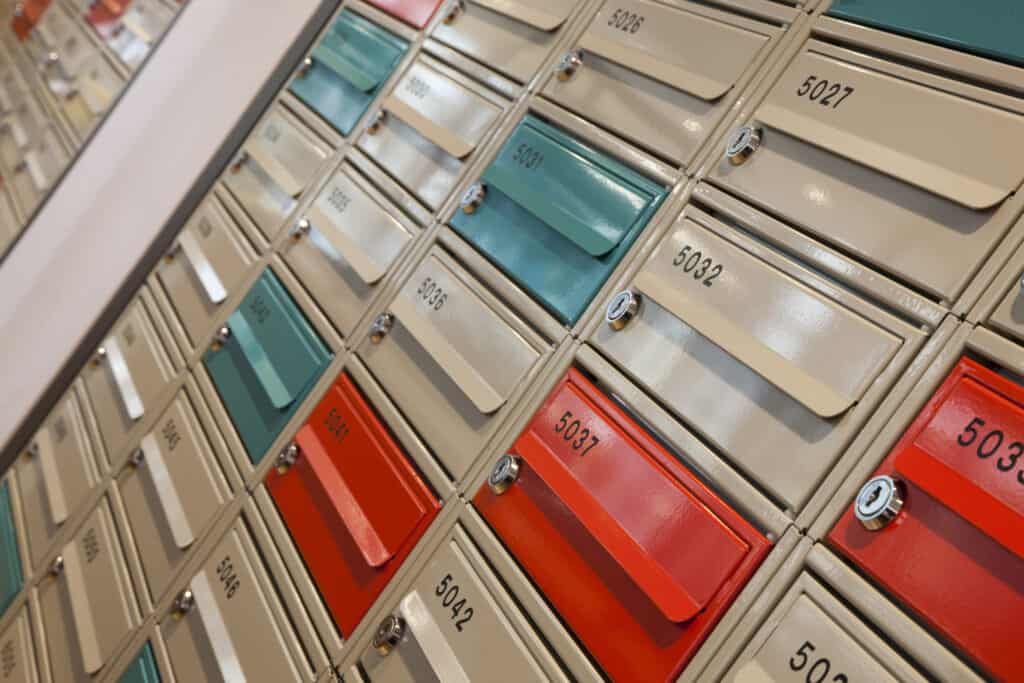 Student castle York, close up multicolored mail boxes