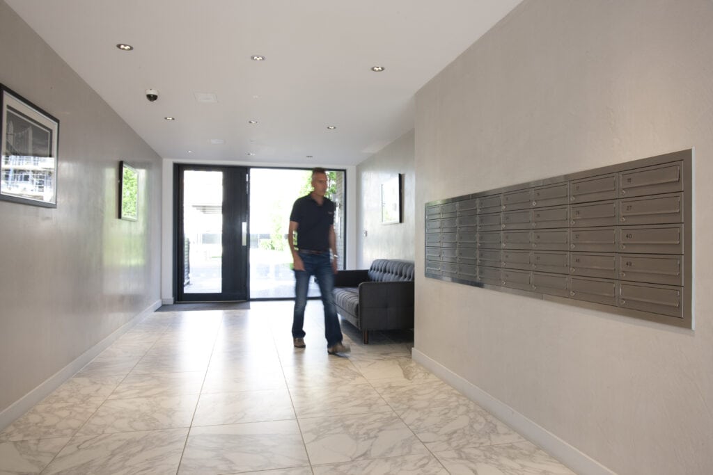 Barratts Fulham hallway with mailboxes