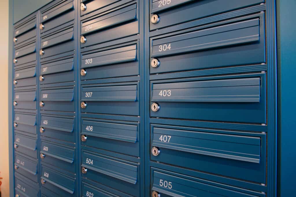 Great Court mailboxes blue