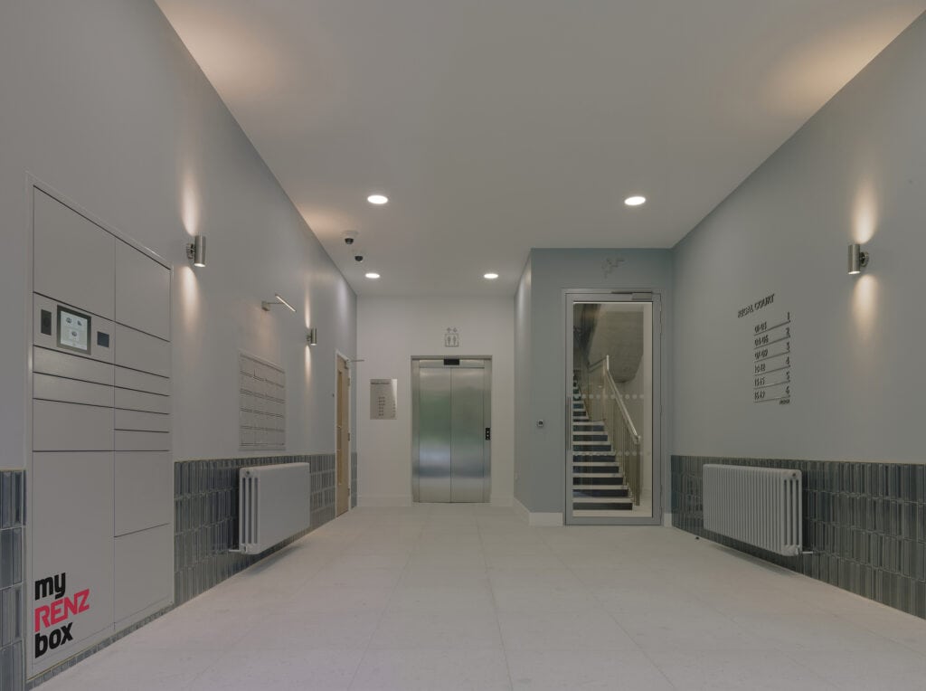 Olive Morris House grey 120 minute fire rated mailboxes lobby