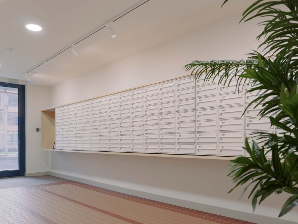 Hockley Mills Pure white mailboxes with wooden frame