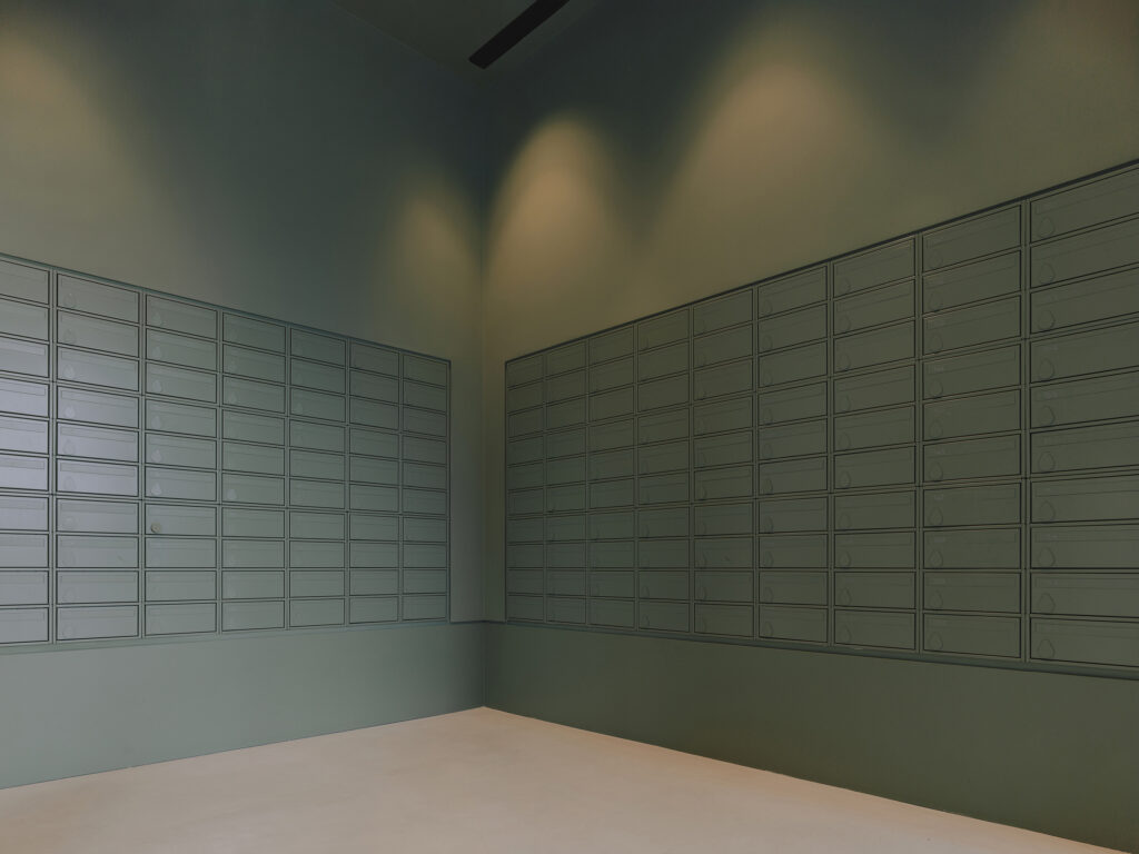 The Blossoms 2 hour Fire Rated wall recessed letter boxes green